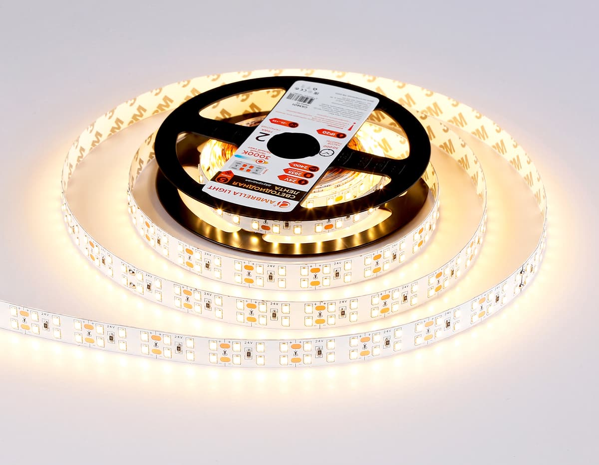 Светодиодная лента двухрядная Ambrella Light GS3601 2835 204Led /20W m/ 24V IP20 3000K 5m GS3601 2835 204Led/ 20W m/ 24V IP20 3000K/ 5000*14*1.2mm (2 конт.) Ambrella Light 12