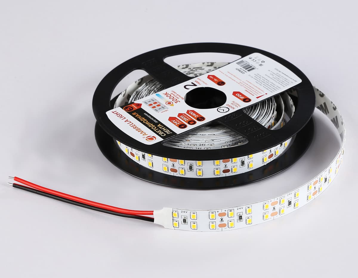 Светодиодная лента двухрядная Ambrella Light GS3601 2835 204Led /20W m/ 24V IP20 3000K 5m GS3601 2835 204Led/ 20W m/ 24V IP20 3000K/ 5000*14*1.2mm (2 конт.) Ambrella Light 16
