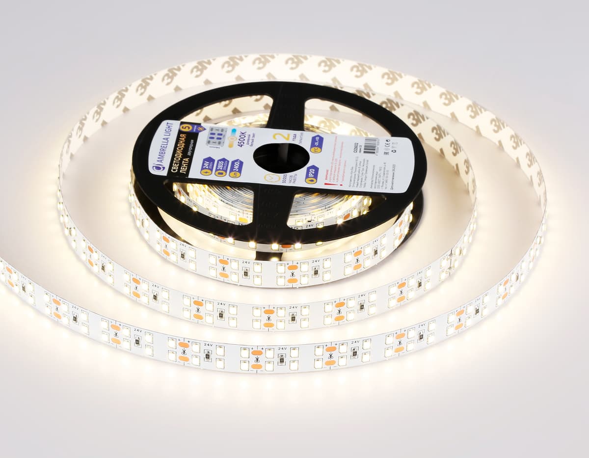 Светодиодная лента двухрядная Ambrella Light GS3602 2835 204Led /20W m/ 24V IP20 4500K 5m GS3602 2835 204Led/ 20W m/ 24V IP20 4500K/ 5000*14*1.2mm (2 конт.) Ambrella Light 12