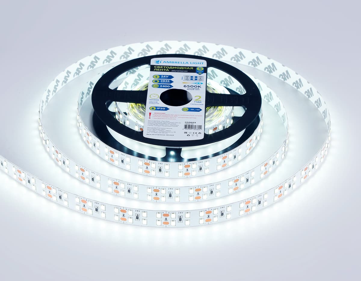 Светодиодная лента двухрядная Ambrella Light GS3603 2835 204Led /20W m/ 24V IP20 6500K 5m GS3603 2835 204Led/ 20W m/ 24V IP20 6500K/ 5000*14*1.2mm (2 конт.) Ambrella Light 12