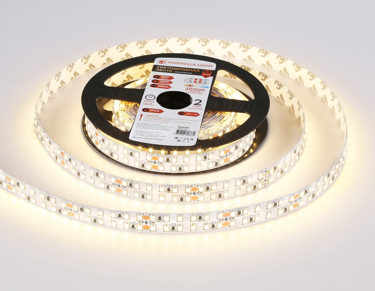Светодиодная лента двухрядная Ambrella Light GS3701 2835 240Led /24W m/ 24V IP20 3000K 5m GS3701 2835 240Led /24W m/ 24V IP20 3000K/ 5000*14*1.2mm (2 конт.) Ambrella Light 12