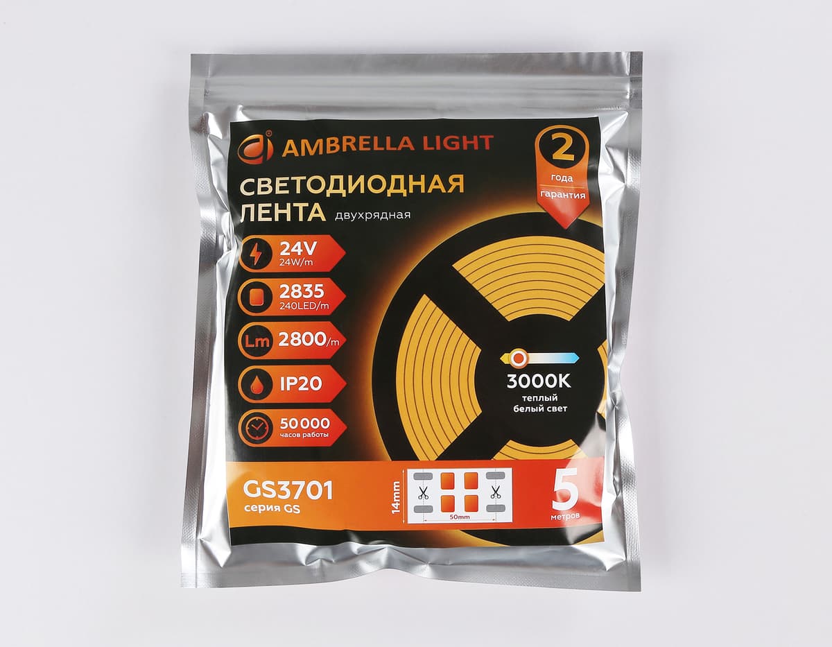 Светодиодная лента двухрядная Ambrella Light GS3701 2835 240Led /24W m/ 24V IP20 3000K 5m GS3701 2835 240Led /24W m/ 24V IP20 3000K/ 5000*14*1.2mm (2 конт.) Ambrella Light 14