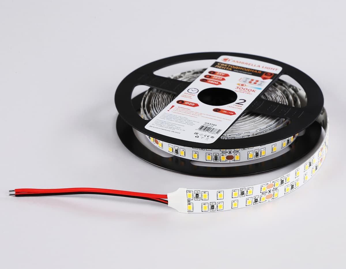 Светодиодная лента двухрядная Ambrella Light GS3701 2835 240Led /24W m/ 24V IP20 3000K 5m GS3701 2835 240Led /24W m/ 24V IP20 3000K/ 5000*14*1.2mm (2 конт.) Ambrella Light 16