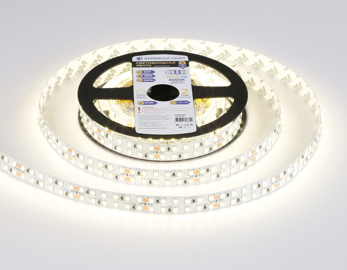 Светодиодная лента двухрядная Ambrella Light GS3702 2835 240Led /24W m/ 24V IP20 4500K 5m GS3702 2835 240Led /24W m/ 24V IP20 4500K/ 5000*14*1.2mm (2 конт.) Ambrella Light 12