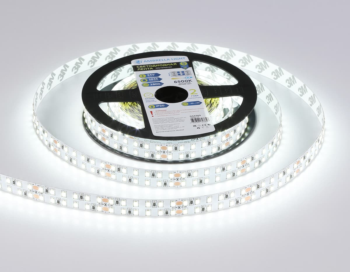 Светодиодная лента двухрядная Ambrella Light GS3703 2835 240Led /24W m/ 24V IP20 6500K 5m GS3703 2835 240Led /24W m/ 24V IP20 6500K/ 5000*14*1.2mm (2 конт.) Ambrella Light 12