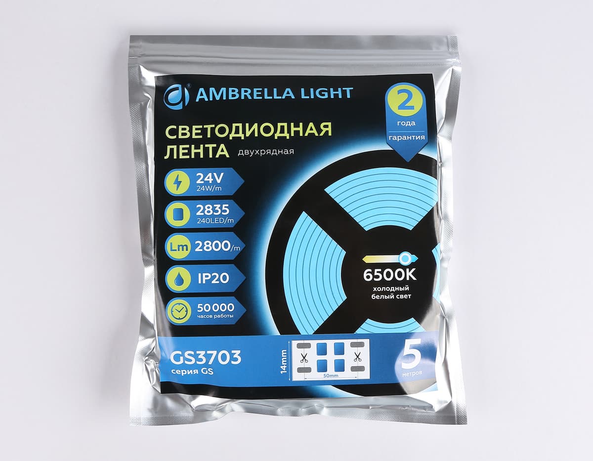 Светодиодная лента двухрядная Ambrella Light GS3703 2835 240Led /24W m/ 24V IP20 6500K 5m GS3703 2835 240Led /24W m/ 24V IP20 6500K/ 5000*14*1.2mm (2 конт.) Ambrella Light 14