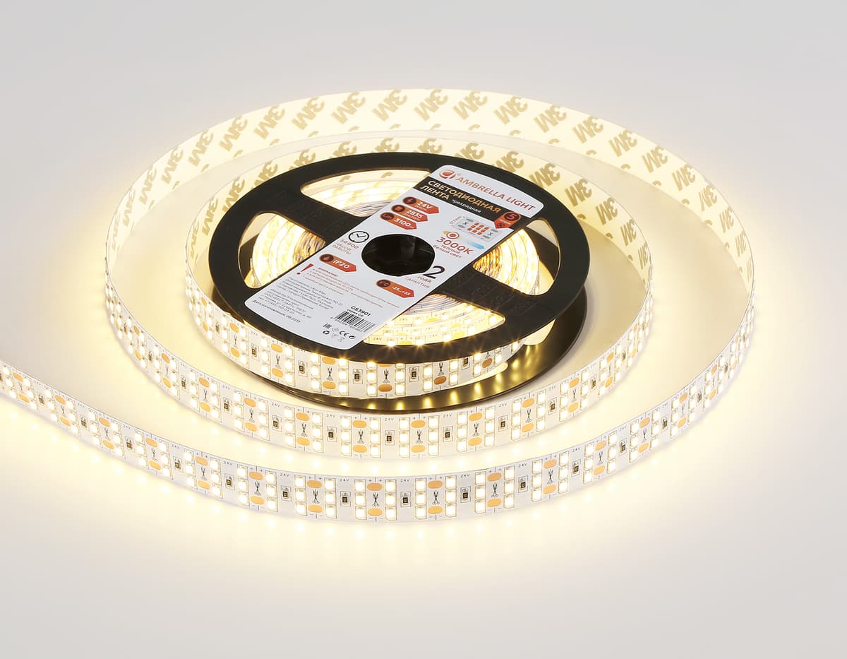 Светодиодная лента трехрядная Ambrella Light GS3901 2835 324Led /26W m/ 24V IP20 3000K 5m GS3901 2835 324Led/ 26W m/ 24V IP20 3000K/ 5000*18*1.2mm (2 конт.) Ambrella Light 12