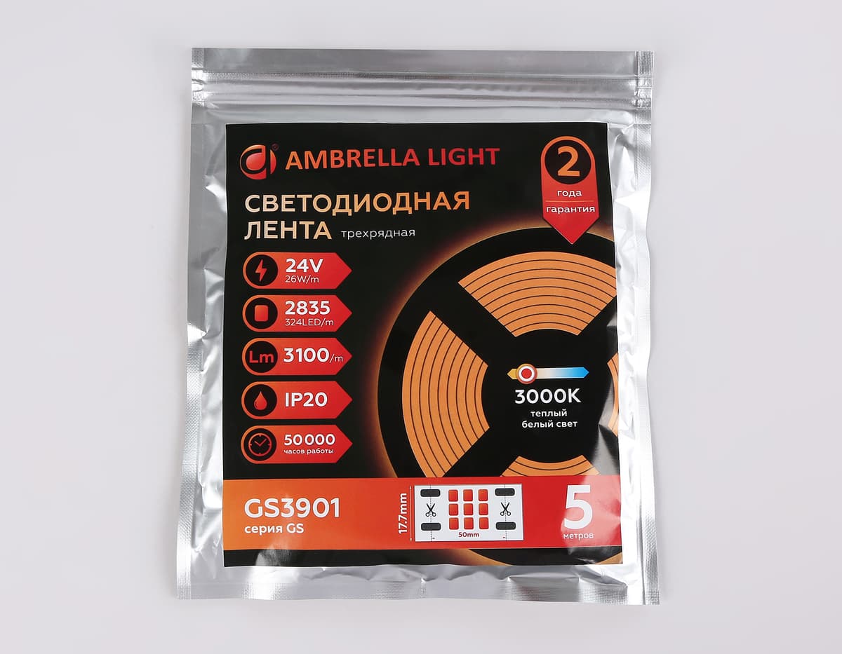 Светодиодная лента трехрядная Ambrella Light GS3901 2835 324Led /26W m/ 24V IP20 3000K 5m GS3901 2835 324Led/ 26W m/ 24V IP20 3000K/ 5000*18*1.2mm (2 конт.) Ambrella Light 14