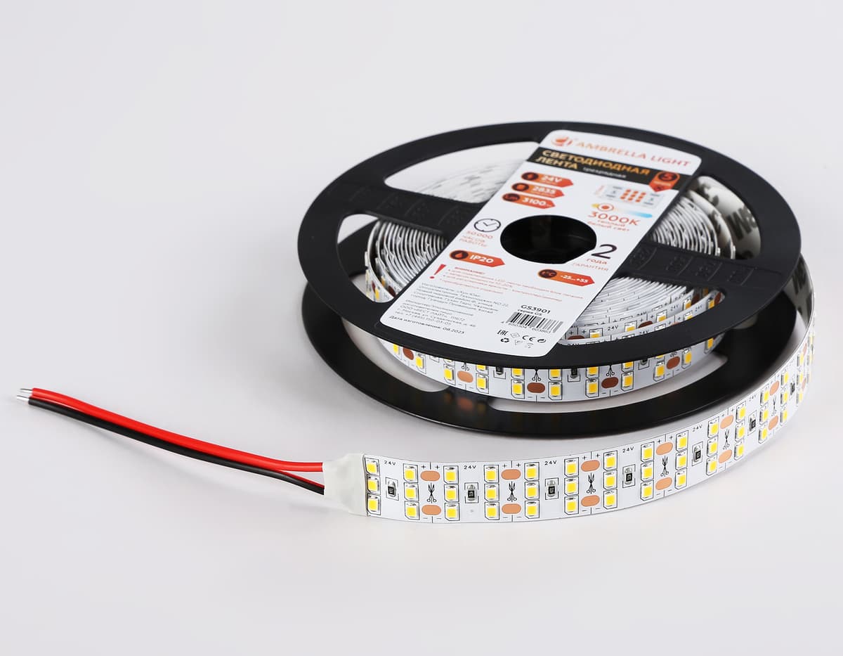 Светодиодная лента трехрядная Ambrella Light GS3901 2835 324Led /26W m/ 24V IP20 3000K 5m GS3901 2835 324Led/ 26W m/ 24V IP20 3000K/ 5000*18*1.2mm (2 конт.) Ambrella Light 16