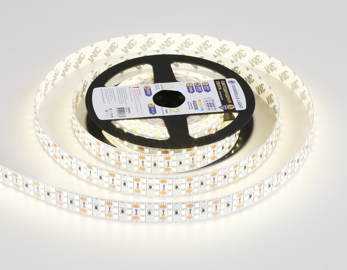Светодиодная лента трехрядная Ambrella Light GS3902 2835 324Led /26W m/ 24V IP20 4500K 5m GS3902 2835 324Led/ 26W m/ 24V IP20 4500K/ 5000*18*1.2mm (2 конт.) Ambrella Light 12