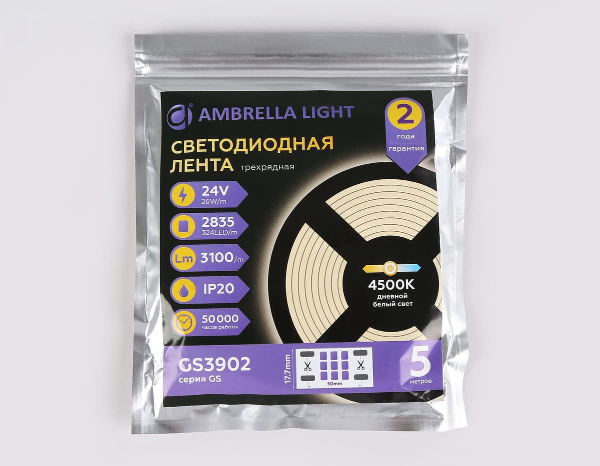 Светодиодная лента трехрядная Ambrella Light GS3902 2835 324Led /26W m/ 24V IP20 4500K 5m GS3902 2835 324Led/ 26W m/ 24V IP20 4500K/ 5000*18*1.2mm (2 конт.) Ambrella Light 14
