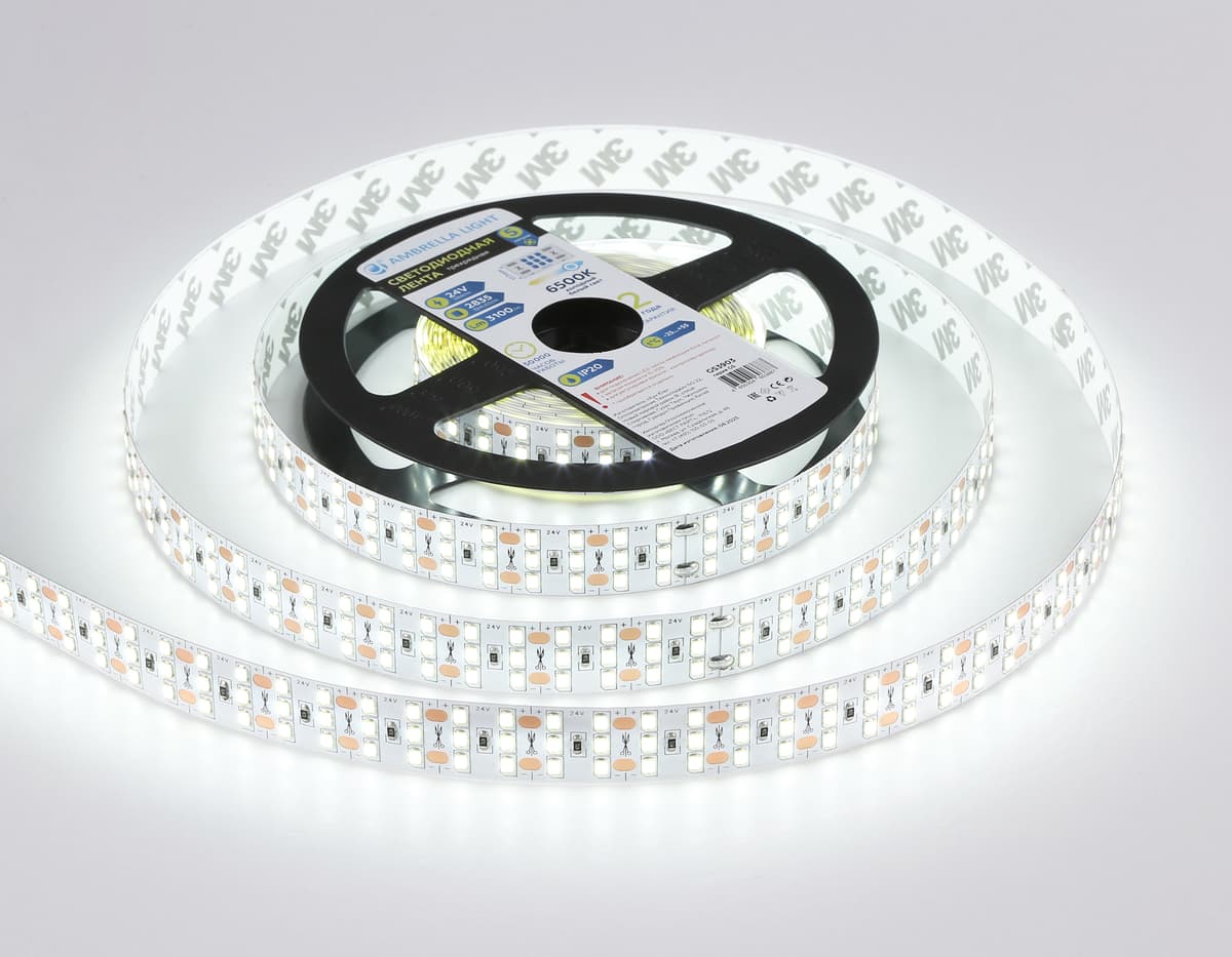 Светодиодная лента трехрядная Ambrella Light GS3903 2835 324Led /26W m/ 24V IP20 6500K 5m GS3903 2835 324Led/ 26W m/ 24V IP20 6500K/ 5000*18*1.2mm (2 конт.) Ambrella Light 12