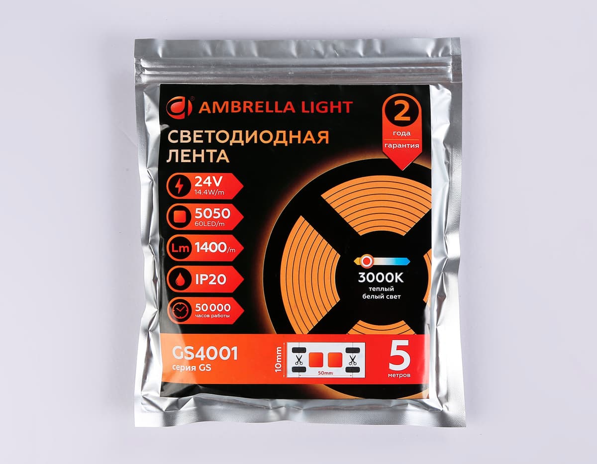 Светодиодная лента Ambrella Light GS4001 5050 60Led /14.4W m/ 24V IP20 3000K 5m GS4001 5050 60Led/ 14.4W m/ 24V IP20 3000K/ 5000*10*1.87mm (2 конт.) Ambrella Light 14