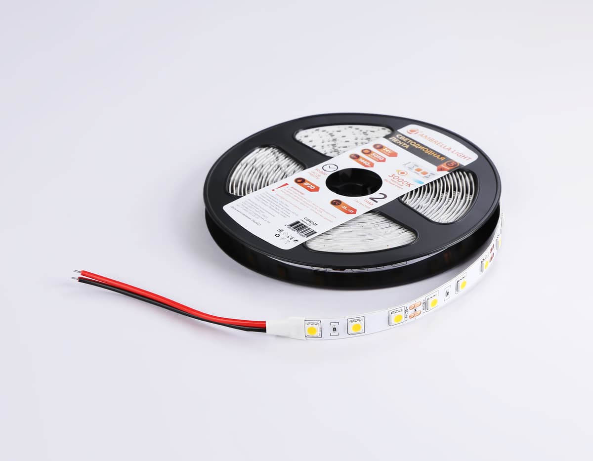Светодиодная лента Ambrella Light GS4001 5050 60Led /14.4W m/ 24V IP20 3000K 5m GS4001 5050 60Led/ 14.4W m/ 24V IP20 3000K/ 5000*10*1.87mm (2 конт.) Ambrella Light 16