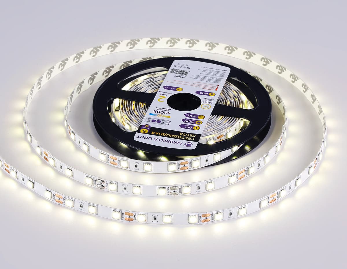 Светодиодная лента Ambrella Light GS4002 5050 60Led /14.4W m/ 24V IP20 4500K 5m GS4002 5050 60Led/ 14.4W m/ 24V IP20 4500K/ 5000*10*1.87mm (2 конт.) Ambrella Light 13