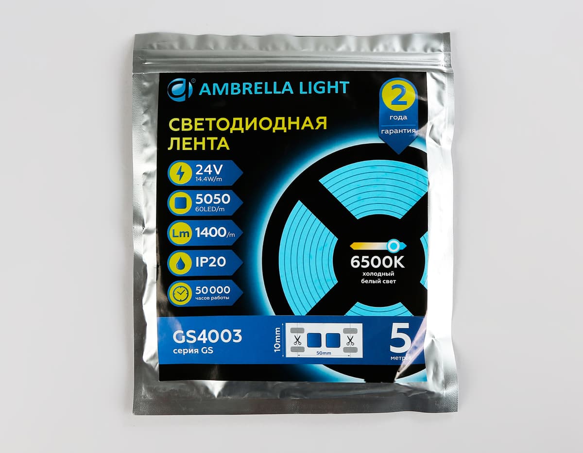 Светодиодная лента Ambrella Light GS4003 5050 60Led /14.4W m/ 24V IP20 6500K 5m GS4003 5050 60Led/ 14.4W m/ 24V IP20 6500K/ 5000*10*1.87mm (2 конт.) Ambrella Light 14