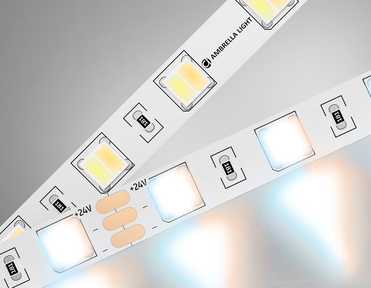 Светодиодная лента с регулировкой температуры света GS4101 5050 60Led /14W m/ 24V IP20 CCT 3000-6500 GS4101 5050 60Led/ 14W m/ 24V IP20 CCT 3000-6500K/ 5000*10*1.87mm (3 конт.) Ambrella Light 14