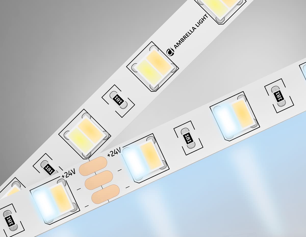 Светодиодная лента с регулировкой температуры света GS4101 5050 60Led /14W m/ 24V IP20 CCT 3000-6500 GS4101 5050 60Led/ 14W m/ 24V IP20 CCT 3000-6500K/ 5000*10*1.87mm (3 конт.) Ambrella Light 16