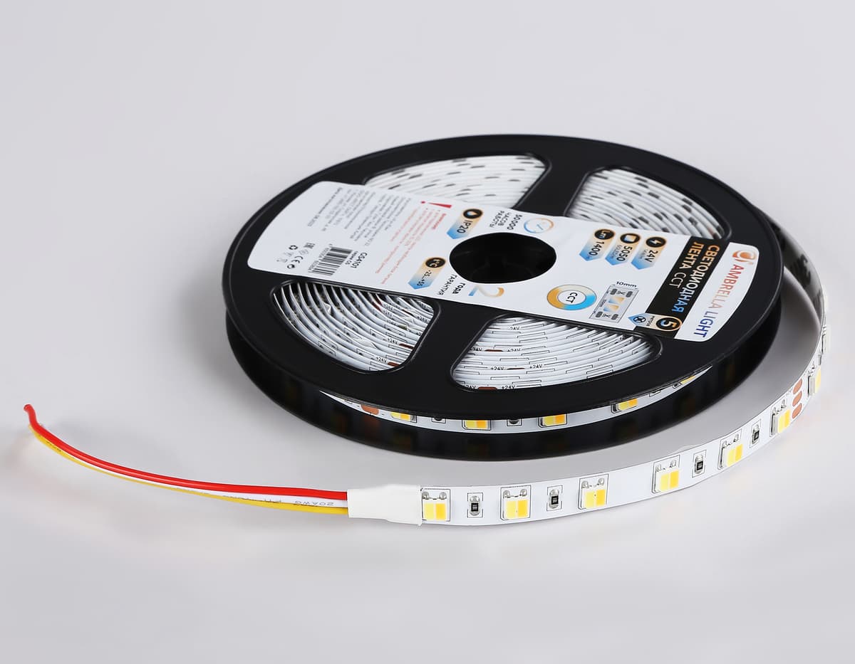 Светодиодная лента с регулировкой температуры света GS4101 5050 60Led /14W m/ 24V IP20 CCT 3000-6500 GS4101 5050 60Led/ 14W m/ 24V IP20 CCT 3000-6500K/ 5000*10*1.87mm (3 конт.) Ambrella Light 20