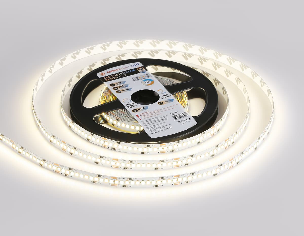 Светодиодная лента с регулировкой температуры света GS4151 2835 240Led /18W m/ 24V IP20 CCT 3000-650 GS4151 2835 240Led/ 18W m/ 24V IP20 CCT 3000-6500K/5000*10*1.2mm (3 конт.) Ambrella Light 19