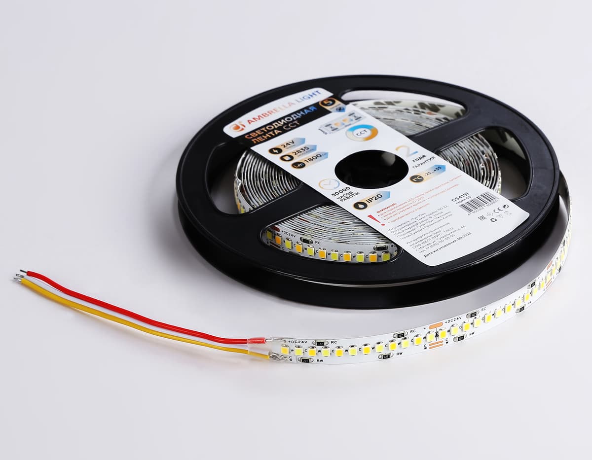 Светодиодная лента с регулировкой температуры света GS4151 2835 240Led /18W m/ 24V IP20 CCT 3000-650 GS4151 2835 240Led/ 18W m/ 24V IP20 CCT 3000-6500K/5000*10*1.2mm (3 конт.) Ambrella Light 20