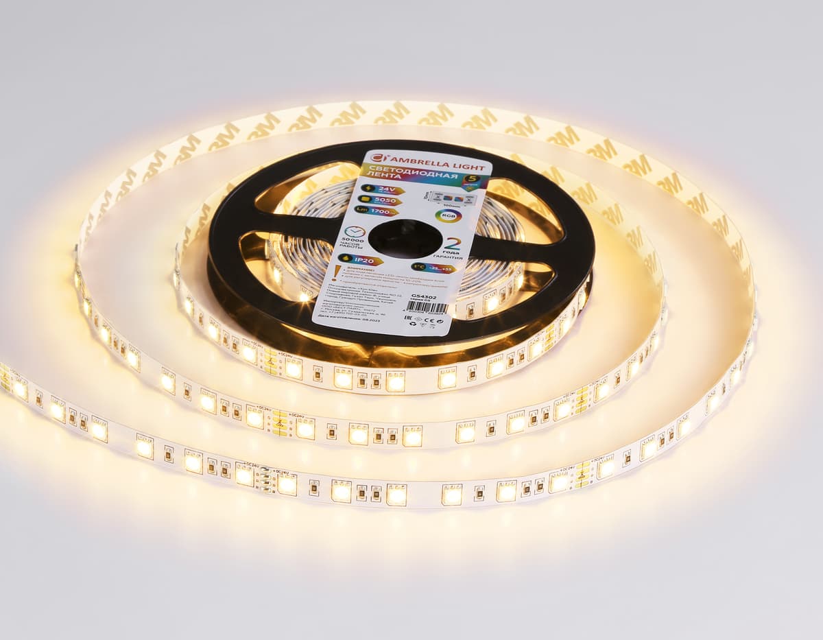 Светодиодная лента RGB Ambrella Light GS4302 5050 60Led /14.4W m/ 24V IP20 RGB 5m GS4302 5050 60Led/ 14.4W m/ 24V IP20 RGB/ 5000*10*1.87mm (4 конт.) Ambrella Light 16