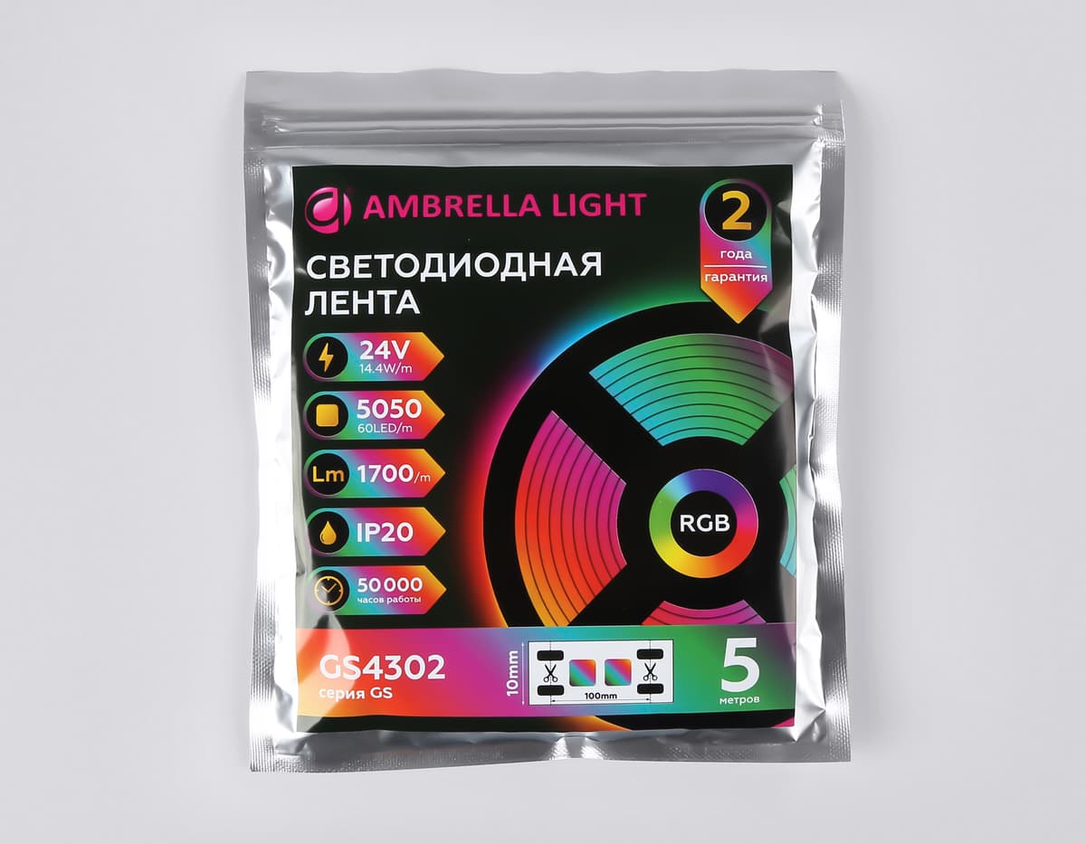 Светодиодная лента RGB Ambrella Light GS4302 5050 60Led /14.4W m/ 24V IP20 RGB 5m GS4302 5050 60Led/ 14.4W m/ 24V IP20 RGB/ 5000*10*1.87mm (4 конт.) Ambrella Light 20