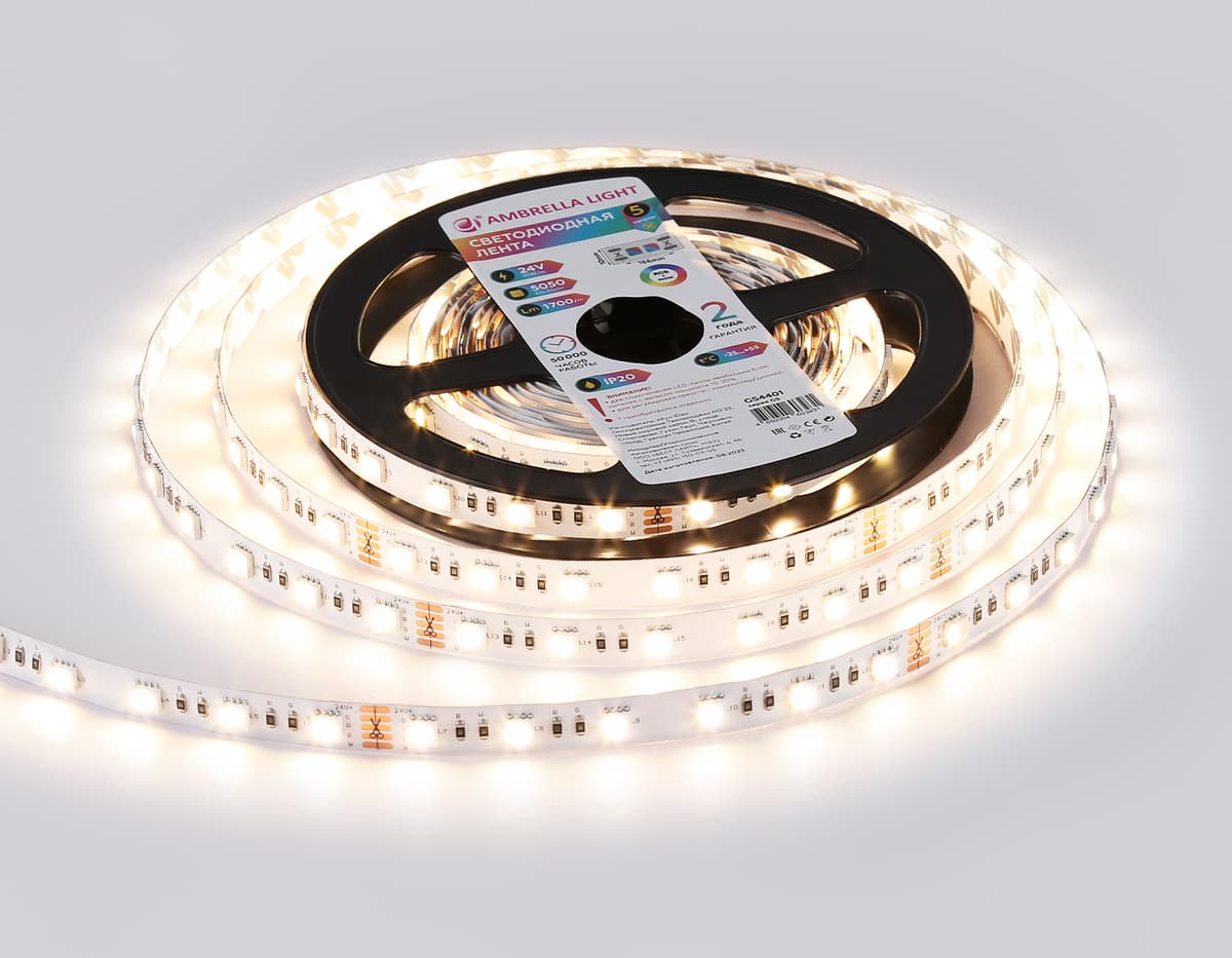Светодиодная лента RGB с теплым белым светом GS4401 5050 60Led /10W m/ 24V IP20 RGBW+3000K 5m GS4401 5050 60Led /10W m/ 24V IP20 RGBW+3000K/ 5000*10*1.87mm (5 конт.) Ambrella Light 22