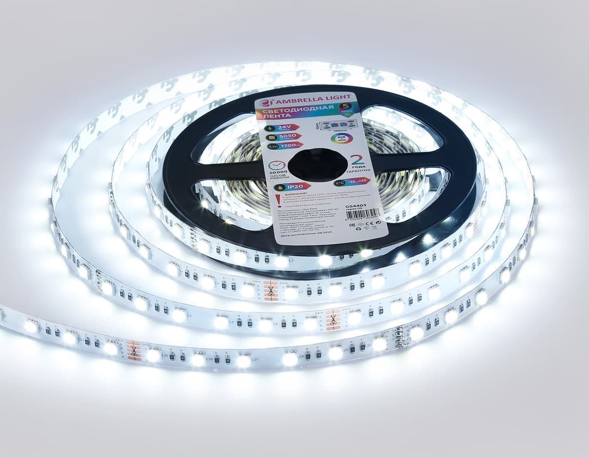 Светодиодная лента RGB с холодным белым светом GS4403 5050 60Led /10W m/ 24V IP20 RGBW+6500K 5m GS4403 5050 60Led/ 10W m/ 24V IP20 RGBW+6500K/ 5000*10*1.87mm (5 конт.) Ambrella Light 23