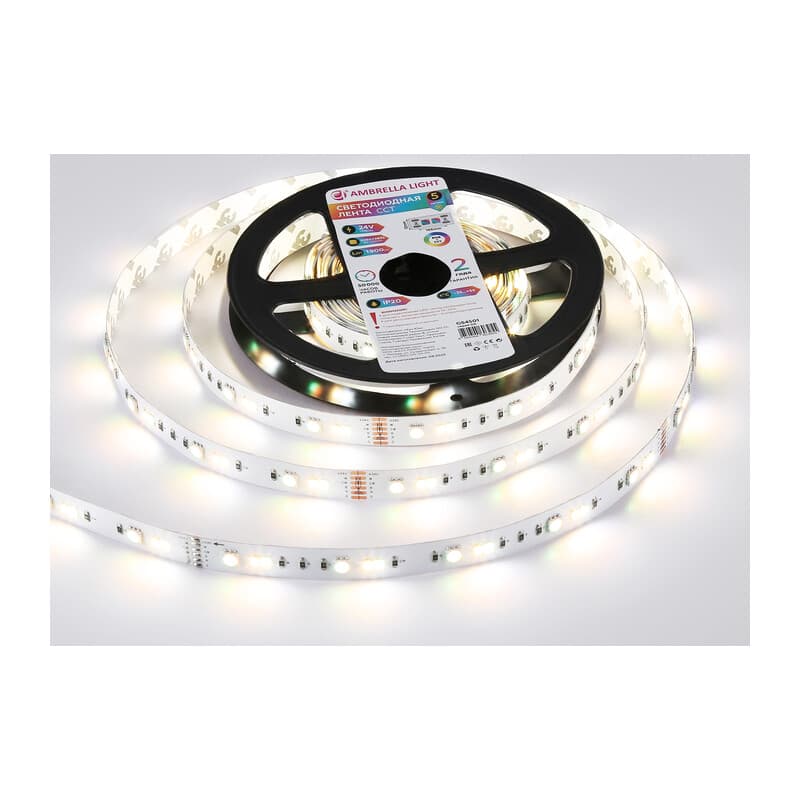 Светодиодная лента RGB с регулировкой температуры света GS4501 5050+2835 90Led / 13W m/ 24V IP20 RGB GS4501 5050+2835 90Led/ 13W m/ 24V IP20 RGB+CCT 3000-6500K/5000*12*1.87mm (6 конт.) Ambrella Light 15