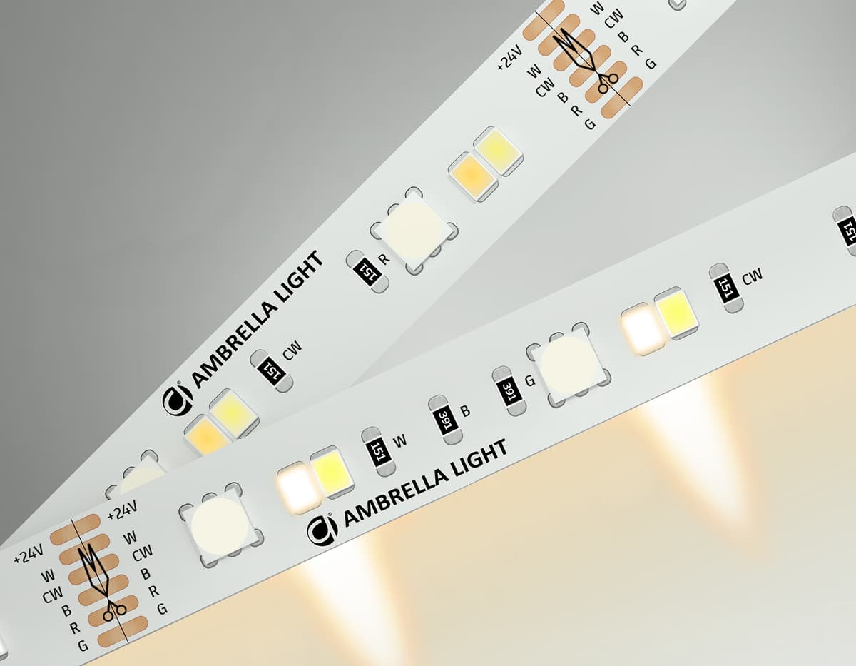 Светодиодная лента RGB с регулировкой температуры света GS4501 5050+2835 90Led / 13W m/ 24V IP20 RGB GS4501 5050+2835 90Led/ 13W m/ 24V IP20 RGB+CCT 3000-6500K/5000*12*1.87mm (6 конт.) Ambrella Light 18
