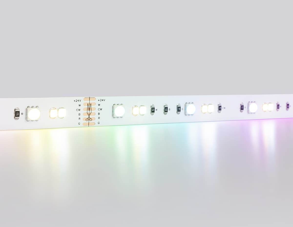 Светодиодная лента RGB с регулировкой температуры света GS4501 5050+2835 90Led / 13W m/ 24V IP20 RGB GS4501 5050+2835 90Led/ 13W m/ 24V IP20 RGB+CCT 3000-6500K/5000*12*1.87mm (6 конт.) Ambrella Light 21