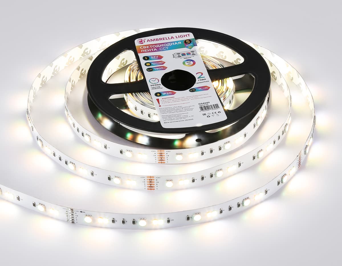 Светодиодная лента RGB с регулировкой температуры света GS4501 5050+2835 90Led / 13W m/ 24V IP20 RGB GS4501 5050+2835 90Led/ 13W m/ 24V IP20 RGB+CCT 3000-6500K/5000*12*1.87mm (6 конт.) Ambrella Light 22