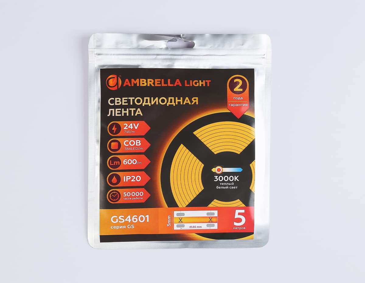 Светодиодная лента Ambrella Light GS4601 COB 384Led/ 7W m/ 24V IP20 3000K/ 5m*3mm*2mm (2 конт.) GS4601 COB 384Led/ 7W m/ 24V IP20 3000K/ 5m*3mm*2mm (2 конт.) Ambrella Light 13