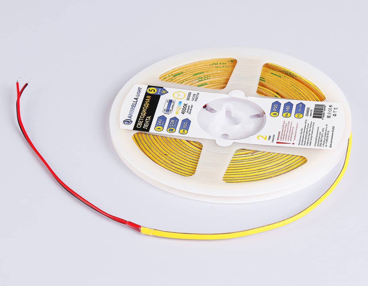 Светодиодная лента Ambrella Light GS4602 COB 384Led/ 7W m/ 24V IP20 4500K/ 5m*3mm*2mm (2 конт.) GS4602 COB 384Led/ 7W m/ 24V IP20 4500K/ 5m*3mm*2mm (2 конт.) Ambrella Light 12