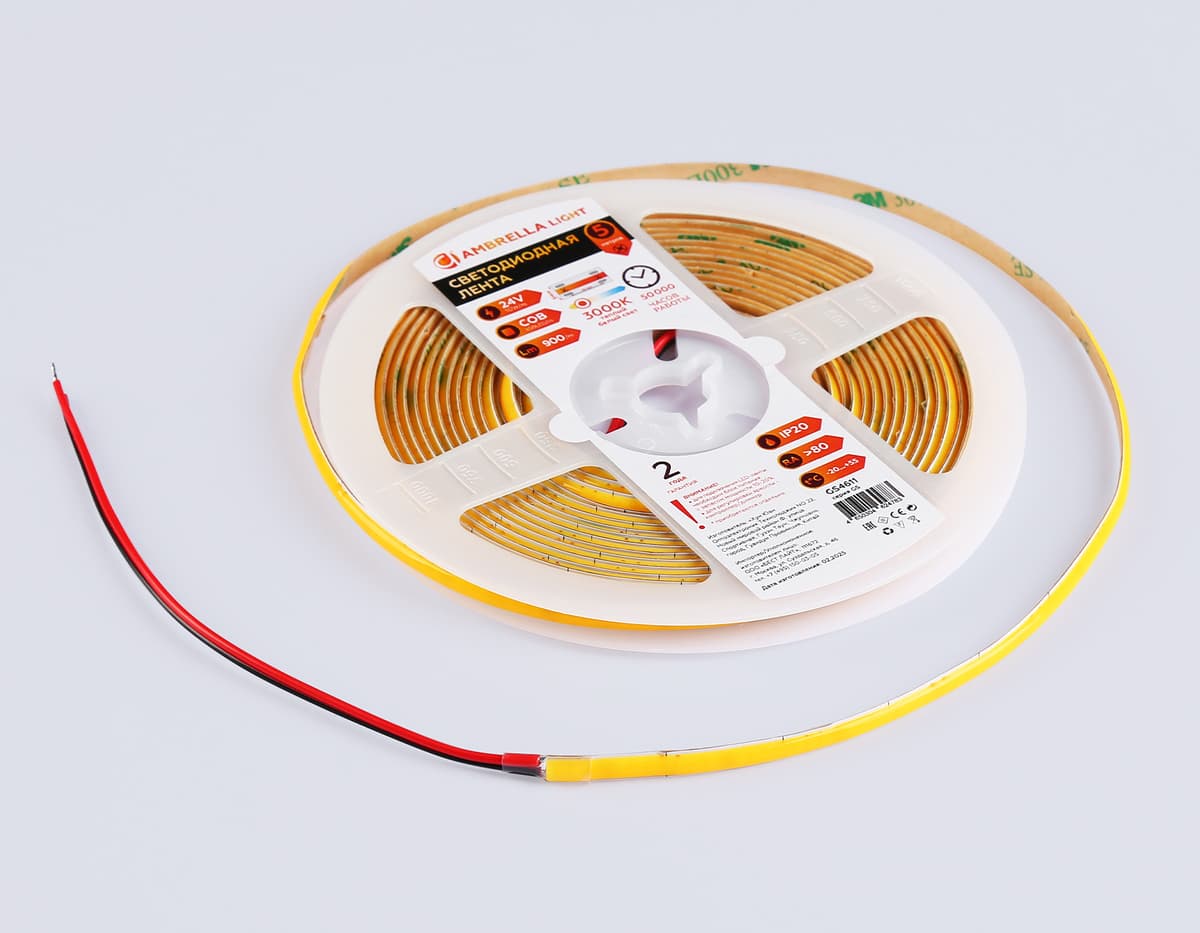 Светодиодная лента Ambrella Light GS4611 COB 400Led/10W m/ 24V IP20 3000K/ 5m*5mm*2.1mm (2 конт.) GS4611 COB 400Led/10W m/ 24V IP20 3000K/ 5m*5mm*2.1mm (2 конт.) Ambrella Light 12
