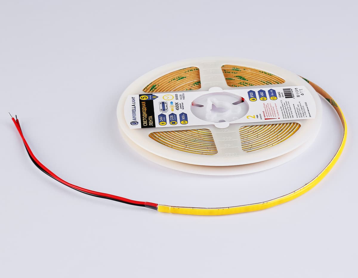 Светодиодная лента Ambrella Light GS4612 COB 400Led/10W m/ 24V IP20 4500K/ 5m*5mm*2.1mm (2 конт.) GS4612 COB 400Led/10W m/ 24V IP20 4500K/ 5m*5mm*2.1mm (2 конт.) Ambrella Light 12