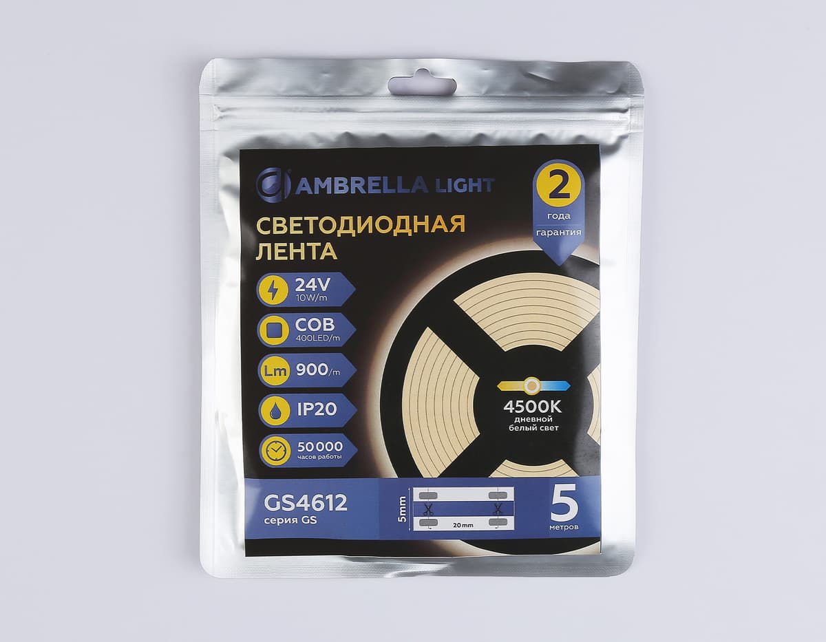 Светодиодная лента Ambrella Light GS4612 COB 400Led/10W m/ 24V IP20 4500K/ 5m*5mm*2.1mm (2 конт.) GS4612 COB 400Led/10W m/ 24V IP20 4500K/ 5m*5mm*2.1mm (2 конт.) Ambrella Light 13