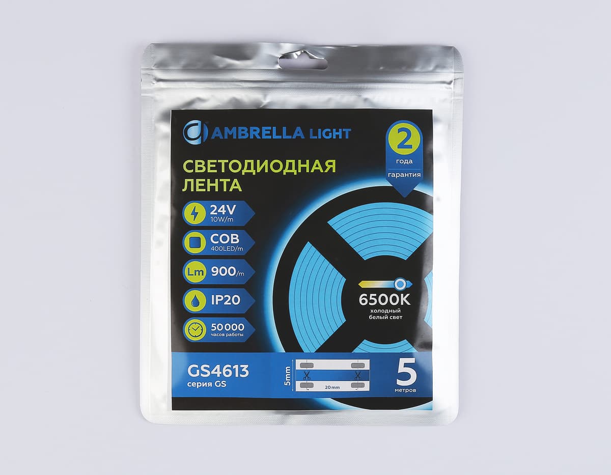 Светодиодная лента Ambrella Light GS4613 COB 400Led/10W m/ 24V IP20 6500K/ 5m*5mm*2.1mm (2 конт.) GS4613 COB 400Led/10W m/ 24V IP20 6500K/ 5m*5mm*2.1mm (2 конт.) Ambrella Light 13