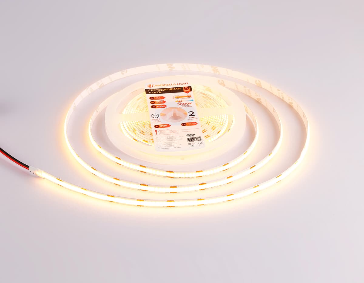 Светодиодная лента Ambrella Light GS4651 COB 320Led /10W m/ 24V IP20 3000K 5m GS4651 COB 320Led/ 10W m/ 24V IP20 3000K/ 5000*8*1.54mm (2 конт.) Ambrella Light 13