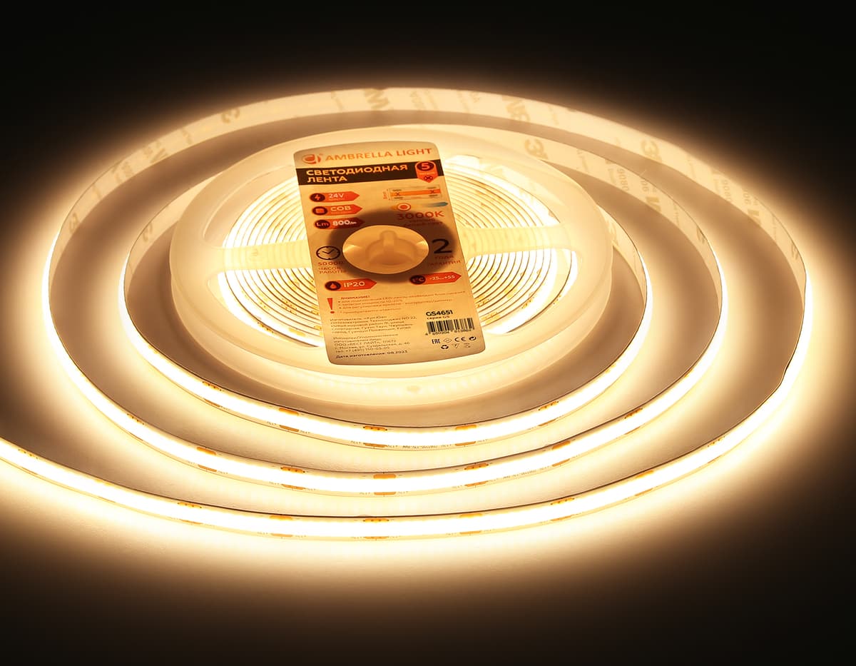 Светодиодная лента Ambrella Light GS4651 COB 320Led /10W m/ 24V IP20 3000K 5m GS4651 COB 320Led/ 10W m/ 24V IP20 3000K/ 5000*8*1.54mm (2 конт.) Ambrella Light 17