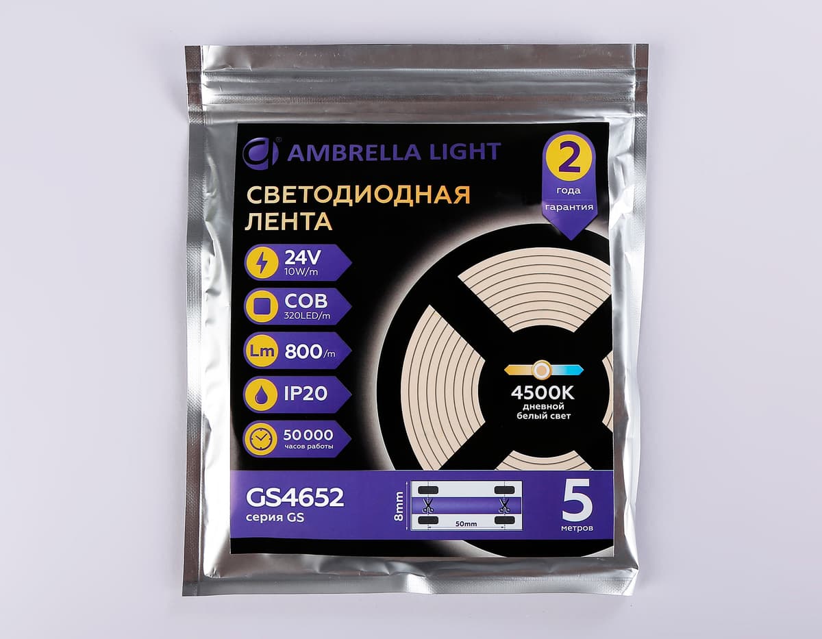 Светодиодная лента Ambrella Light GS4652 COB 320Led /10W m/ 24V IP20 4500K 5m GS4652 COB 320Led/ 10W m/ 24V IP20 4500K/ 5000*8*1.54mm (2 конт.) Ambrella Light 14