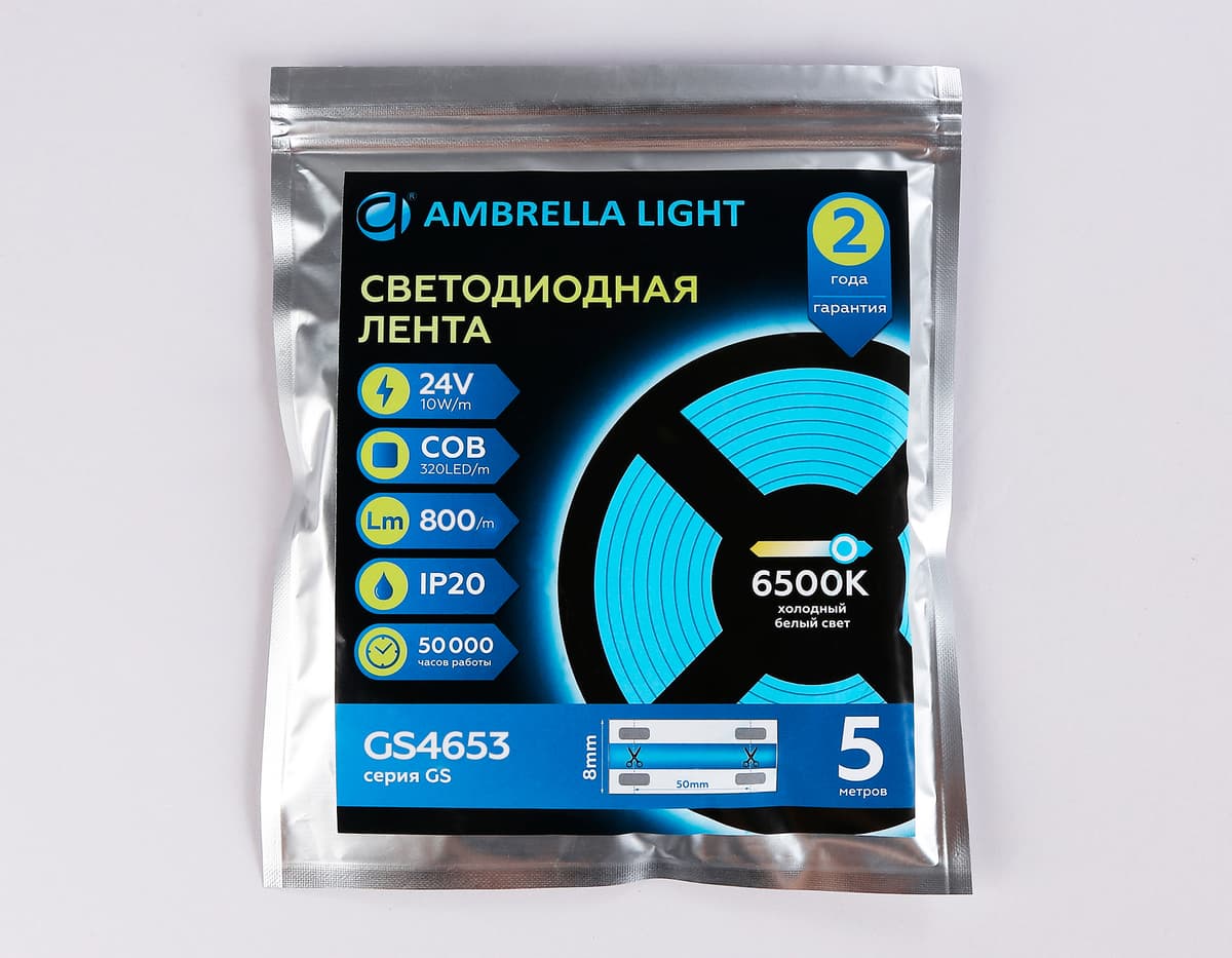 Светодиодная лента Ambrella Light GS4653 COB 320Led /10W m/ 24V IP20 6500K 5m GS4653 COB 320Led/ 10W m/ 24V IP20 6500K/ 5000*8*1.54mm (2 конт.) Ambrella Light 14