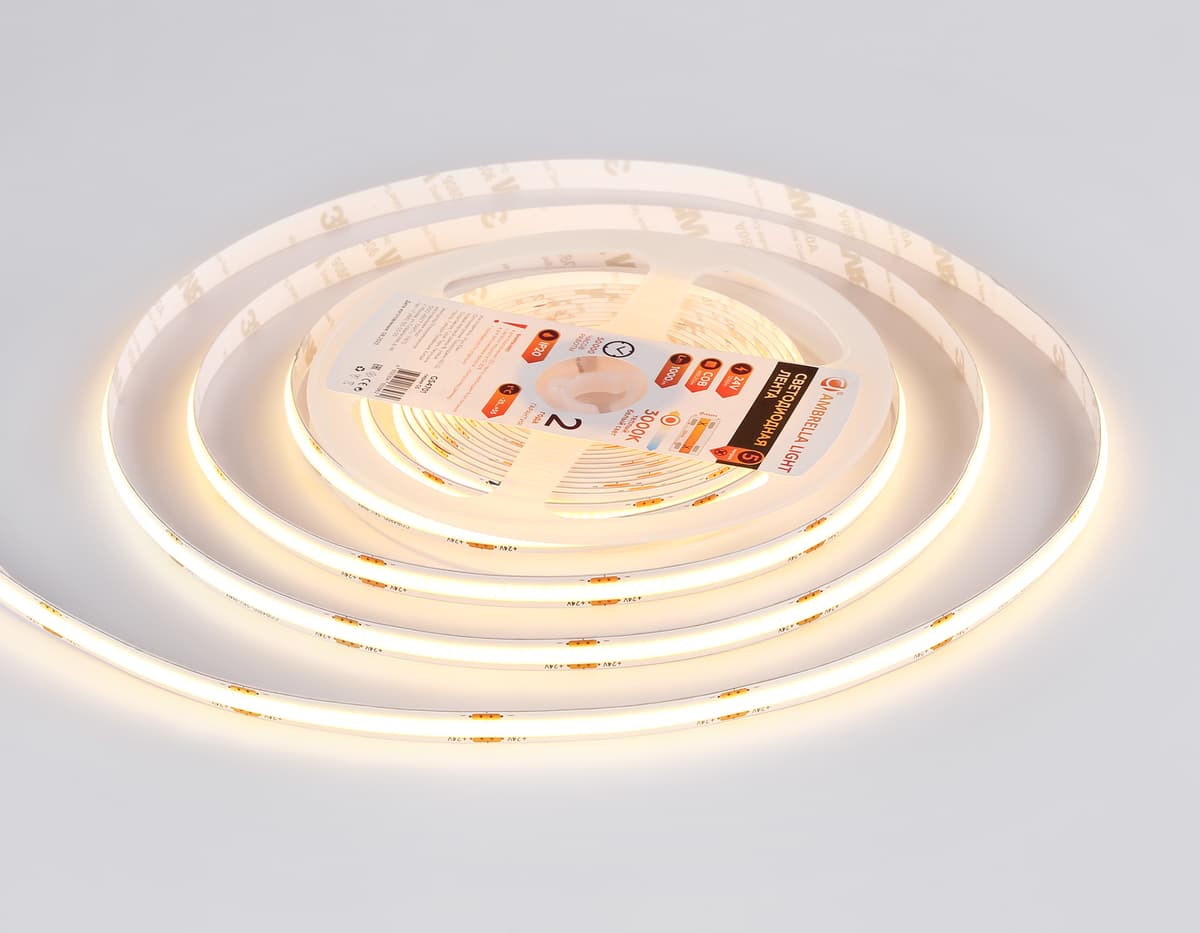 Светодиодная лента Ambrella Light GS4701 COB 480Led /12W m/ 24V IP20 3000K 5m GS4701 COB 480Led/ 12W m/ 24V IP20 3000K/ 5000*8*1.54mm (2 конт.) Ambrella Light 12