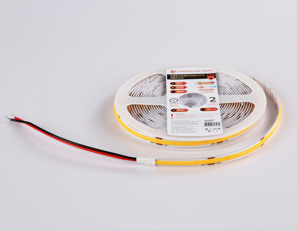 Светодиодная лента Ambrella Light GS4701 COB 480Led /12W m/ 24V IP20 3000K 5m GS4701 COB 480Led/ 12W m/ 24V IP20 3000K/ 5000*8*1.54mm (2 конт.) Ambrella Light 16