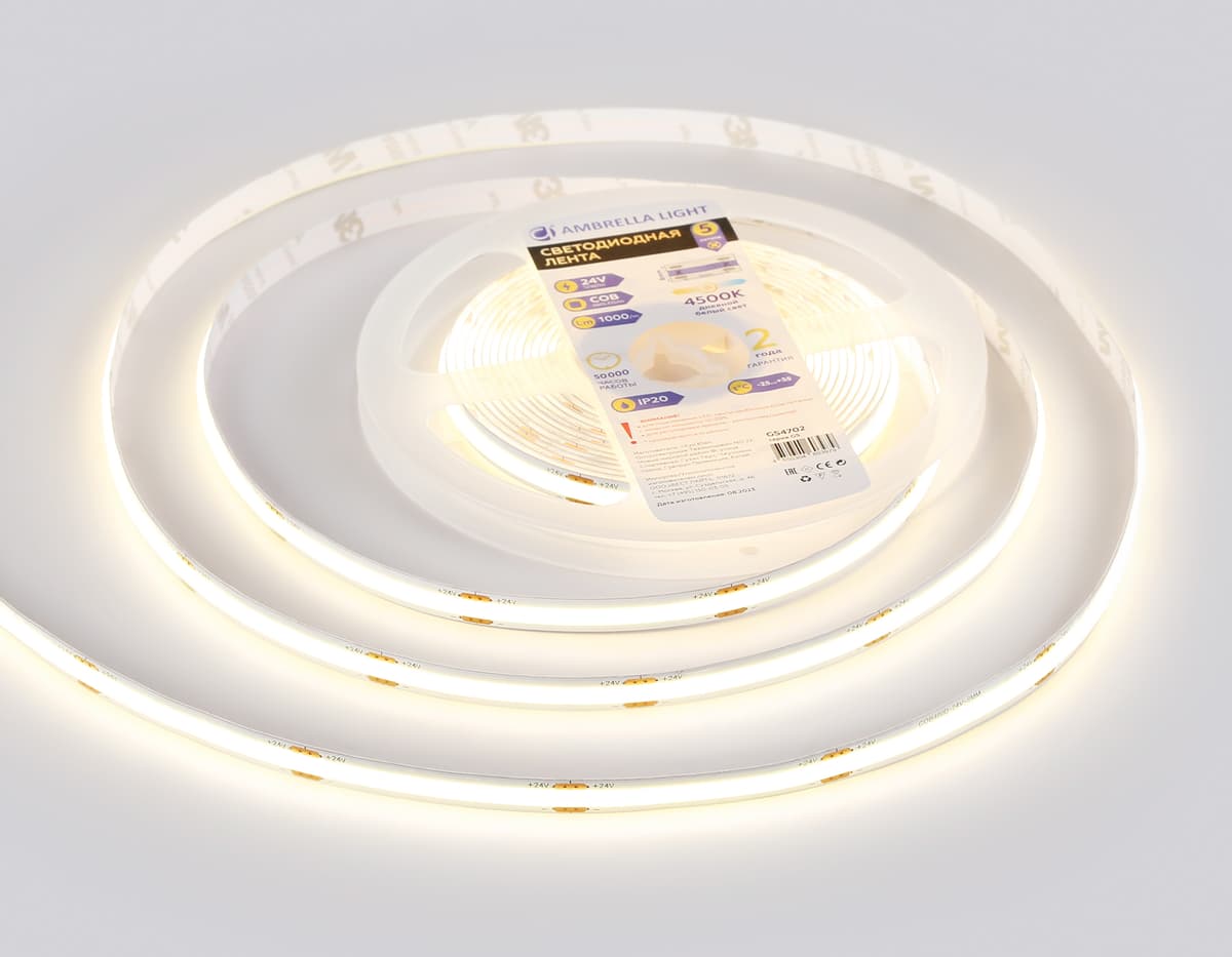 Светодиодная лента Ambrella Light GS4702 COB 480Led /12W m/ 24V IP20 4500K 5m GS4702 COB 480Led /12W m/ 24V IP20 4500K/ 5000*8*1.54mm (2 конт.) Ambrella Light 12