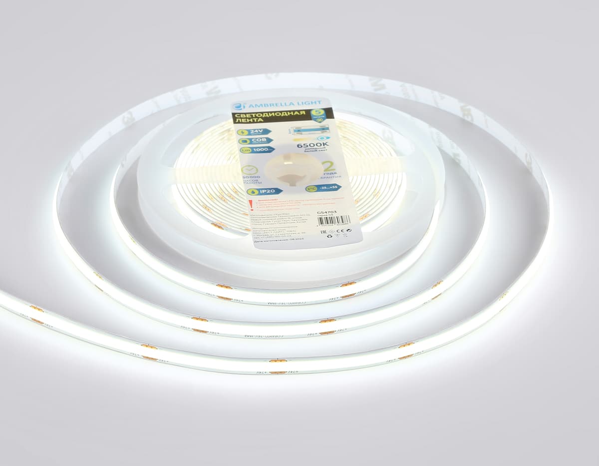 Светодиодная лента Ambrella Light GS4703 COB 480Led /12W m/ 24V IP20 6500K 5m GS4703 COB 480Led /12W m/ 24V IP20 6500K/ 5000*8*1.54mm (2 конт.) Ambrella Light 12