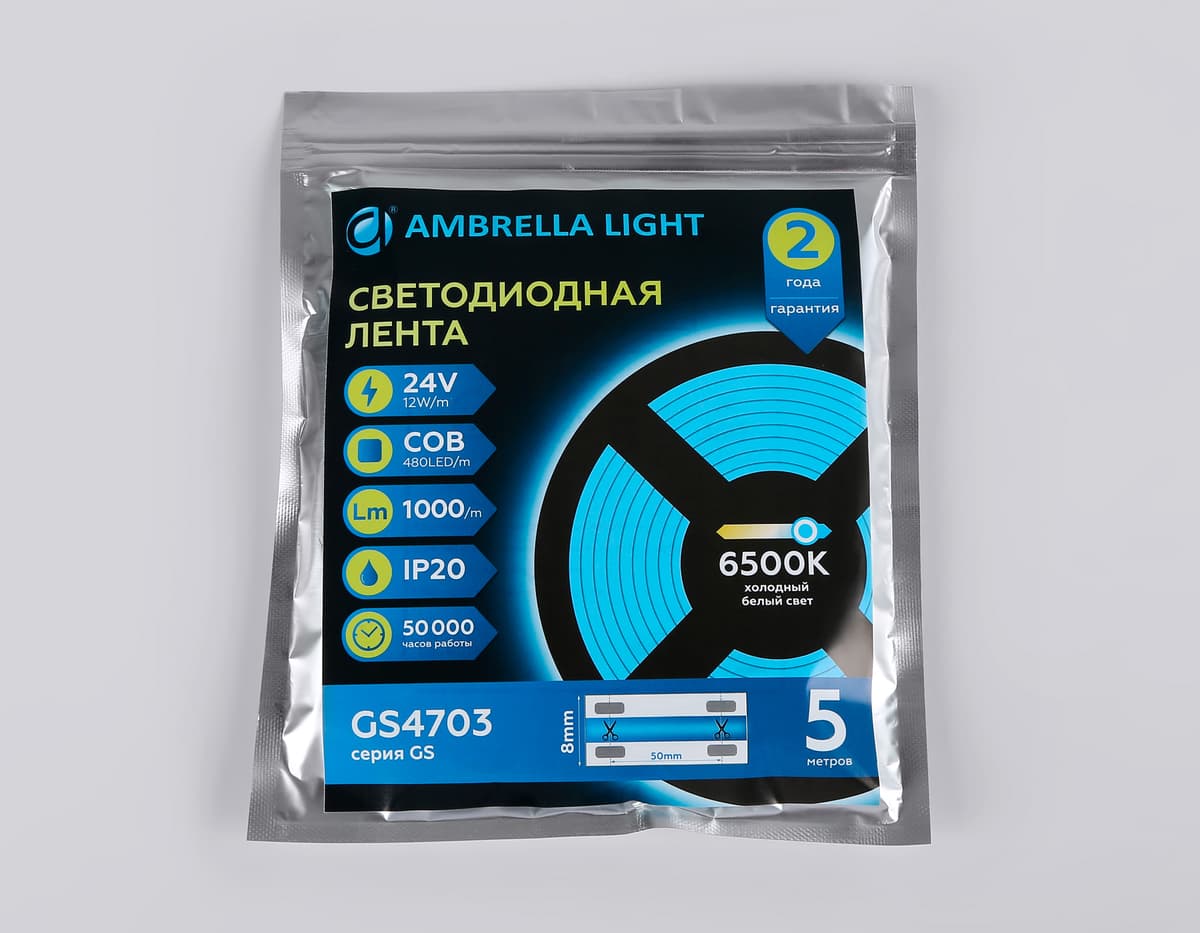Светодиодная лента Ambrella Light GS4703 COB 480Led /12W m/ 24V IP20 6500K 5m GS4703 COB 480Led /12W m/ 24V IP20 6500K/ 5000*8*1.54mm (2 конт.) Ambrella Light 14