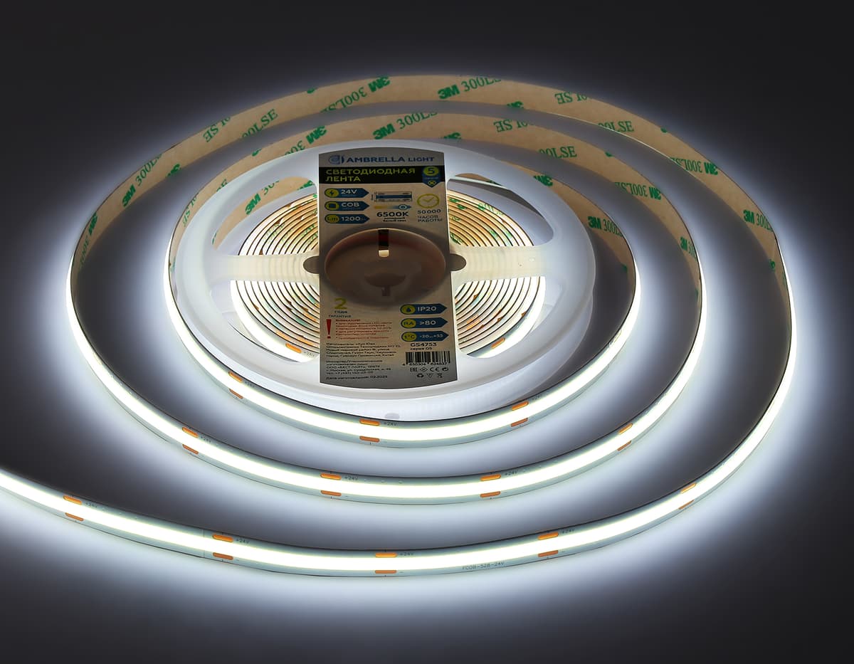 Светодиодная лента Ambrella Light GS4753 COB 528Led/14W m/ 24V IP20 6500K/ 5m*10mm*2mm (2 конт.) GS4753 COB 528Led/14W m/ 24V IP20 6500K/ 5m*10mm*2mm (2 конт.) Ambrella Light 10