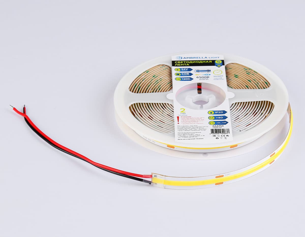 Светодиодная лента Ambrella Light GS4753 COB 528Led/14W m/ 24V IP20 6500K/ 5m*10mm*2mm (2 конт.) GS4753 COB 528Led/14W m/ 24V IP20 6500K/ 5m*10mm*2mm (2 конт.) Ambrella Light 12